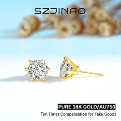 Genuine 18K Solid Gold Moissanite Earrings Sparkling Diamond Stud Earrings D VVS for Women Wedding Anniversaries High Jewelry