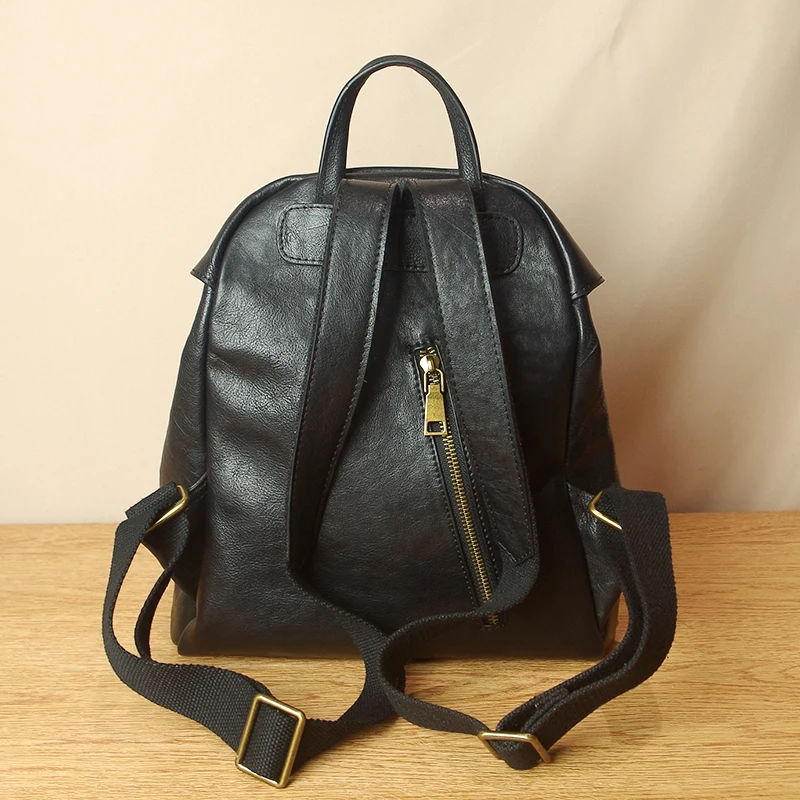 Original simple Cowhide leather women's backpack shoulder bag ladies school bag 2024 new retro soft black leather Hasp backpacks