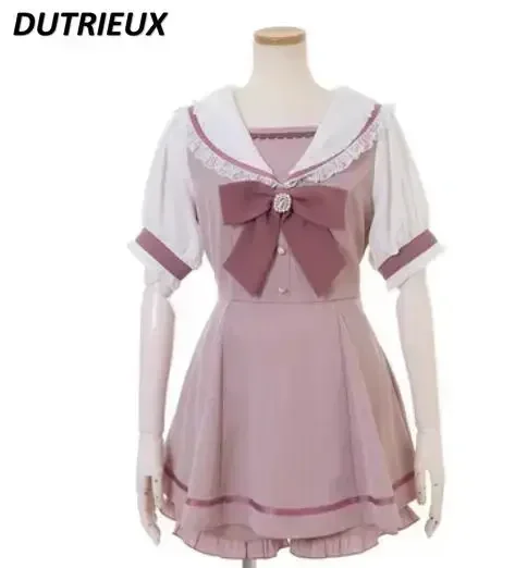 Estilo japonês roupas femininas gola de marinheiro xadrez strass arco vestido shorts conjunto doce lolita mina série vestido terno de duas peças