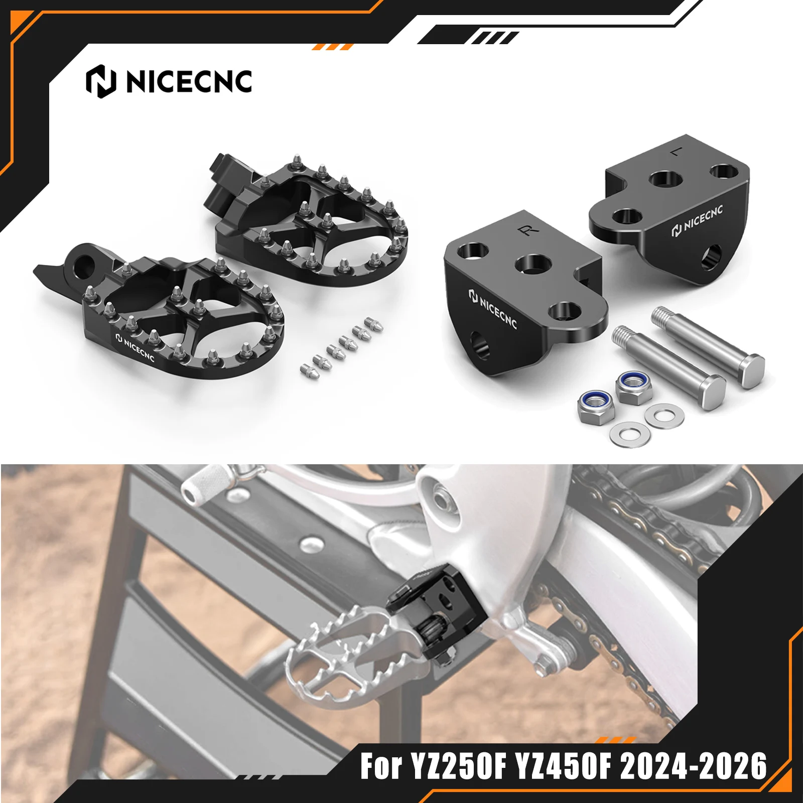 NICECNC For Yamaha YZ 250F YZ250F 2024-2026 YZ 450F YZ450F 2023-2026 Motorcycle Forged Foot Pegs & Footrest Offset Brackets