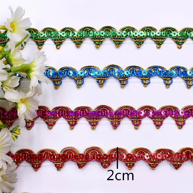 12 Yards Gold Embroidery Lace Appliques Sewing Apparel Trims Sequined Embroidery Ribbons Costumes Accessories 2CM