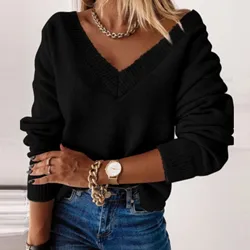 Long Sleeve V Neck Sweaters Women'S Cotton Crochet Ruffles Pullovers Autumn Winter Keep Warm Fashion Sweatshirts Casual Blouses