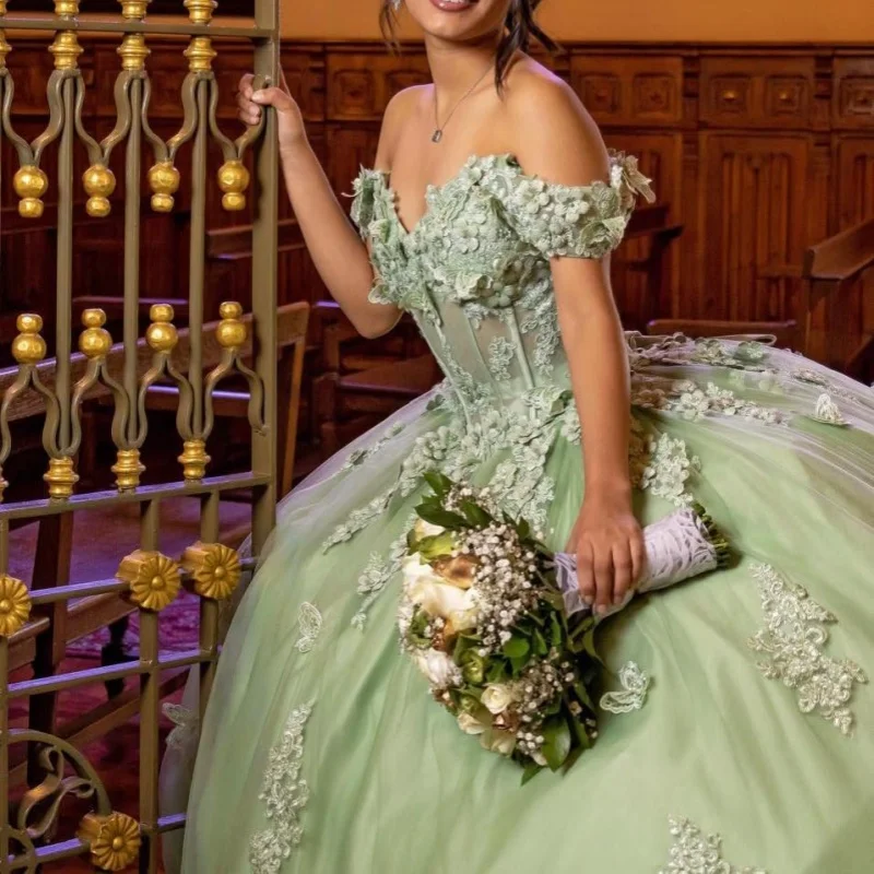 

Customized mint green Quinceanera Dresses Off the Shoulder crystal applique 3D flower Lace Long tail Vestido 15 Quinceanera