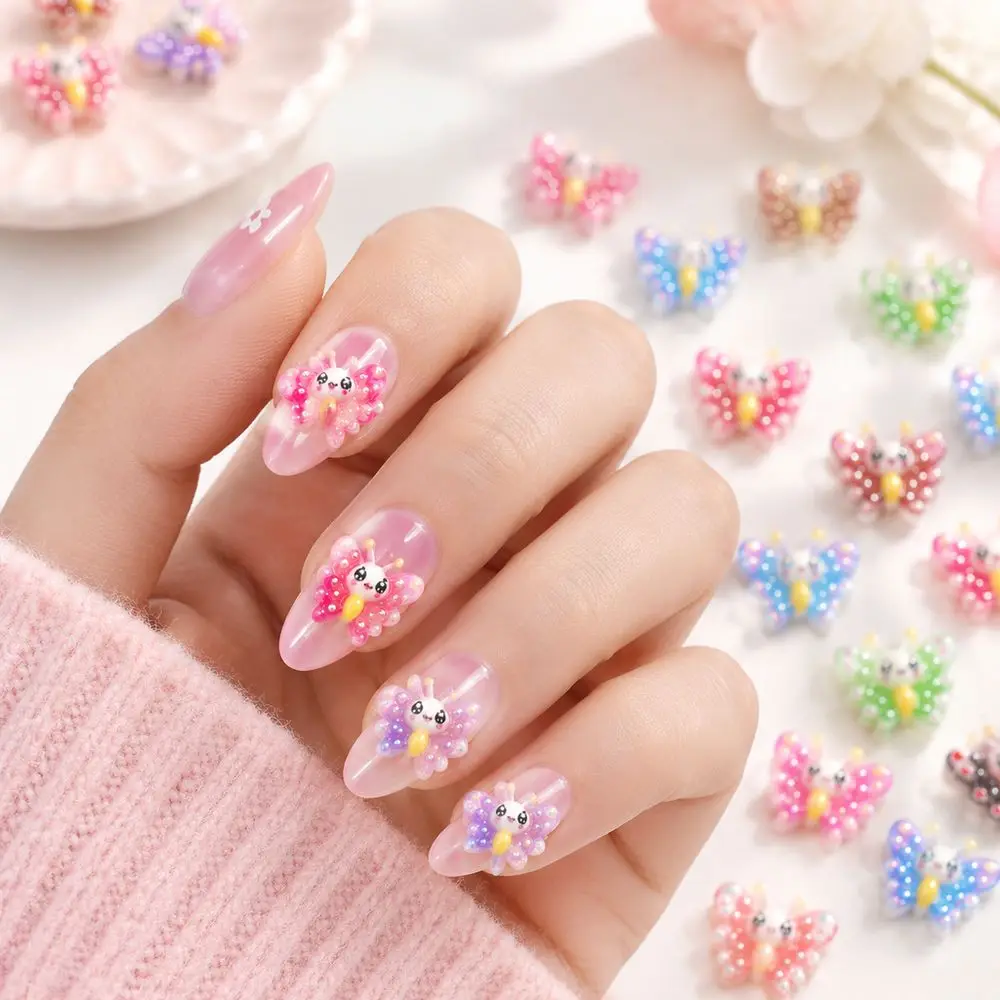 50Pcs Quick Stick Resin Nail Charms Kawaii Smiling Butterfly Sparkle Dot Color Variety for Spring Outing Manicure Accessory