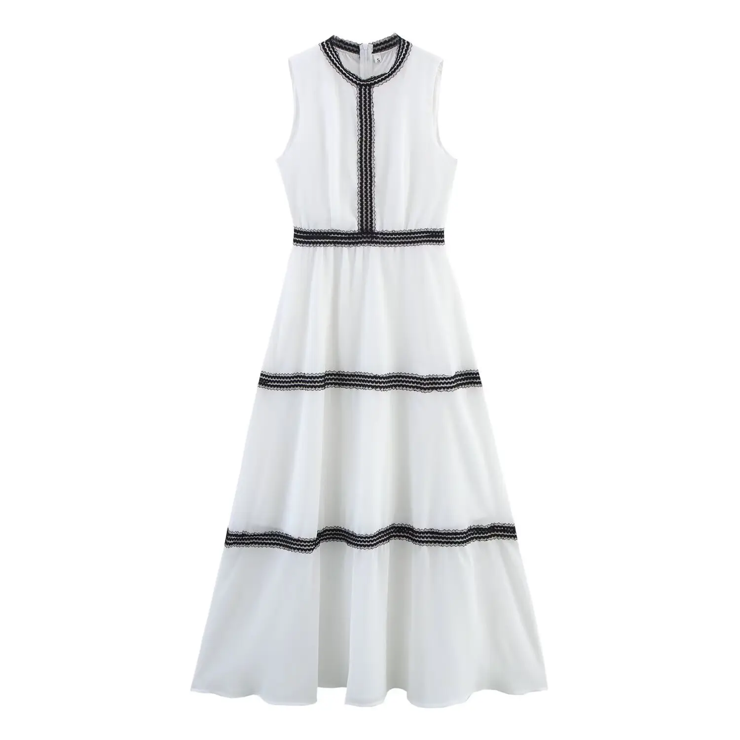 

2025 Summer Women's Dress White Contrast Lace Decoration Slim Waist Sleeveless Long Dresses Casual Beach Holiday Dress
