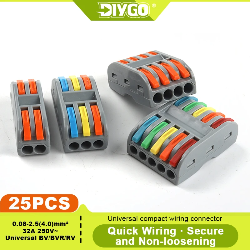 

DIY GO 25PCS Universal Compact Fast BUTT Wire Connector Push-in Lever Splice Terminal Block 2/3/4/5 Pin Home LED Lighting Wiring