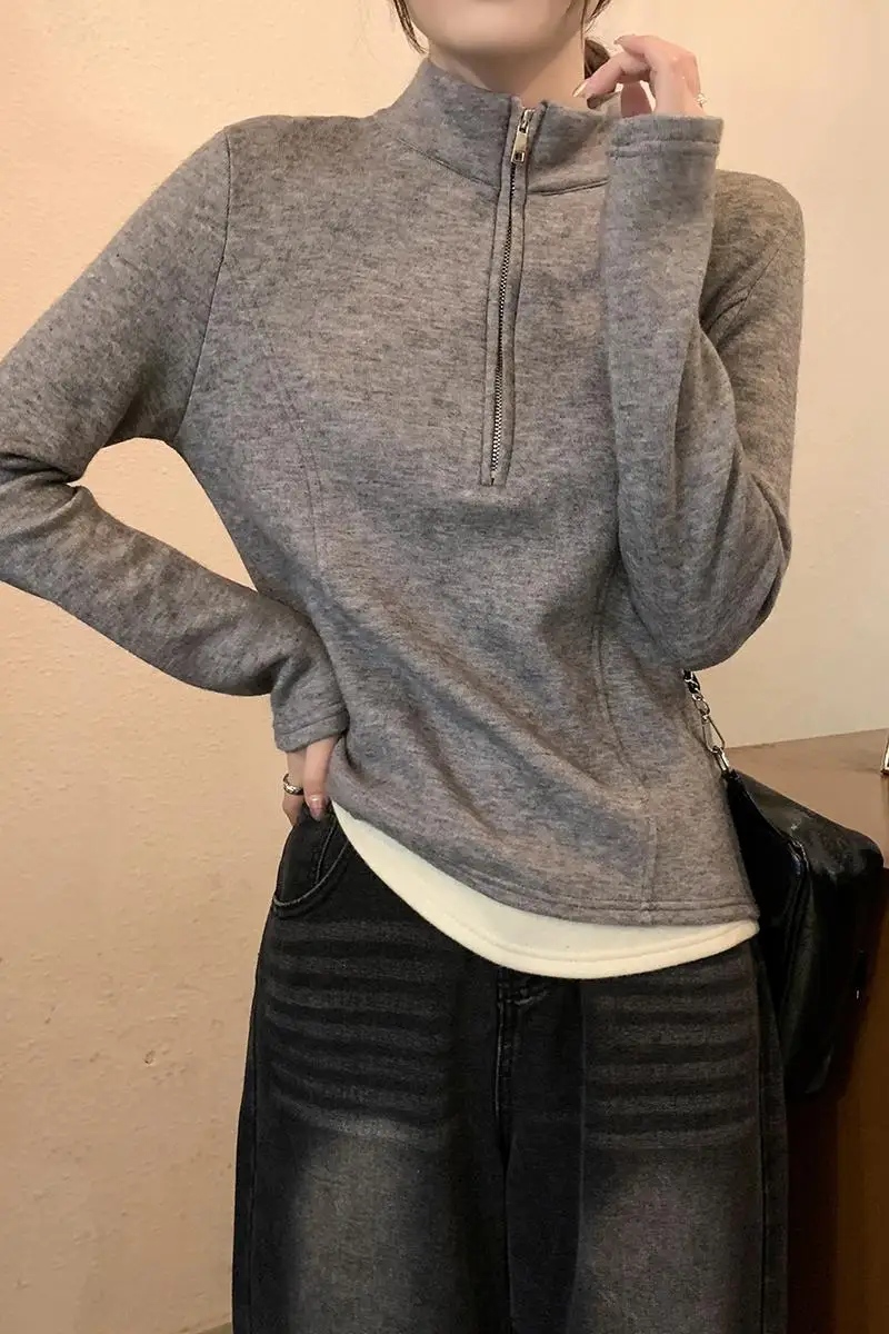 韓国ファッション レディース 無地 フェイクツーピース 長袖 パーカー スタンドカラー コントラストジッパー ハイストリート ベーシックトップ 秋