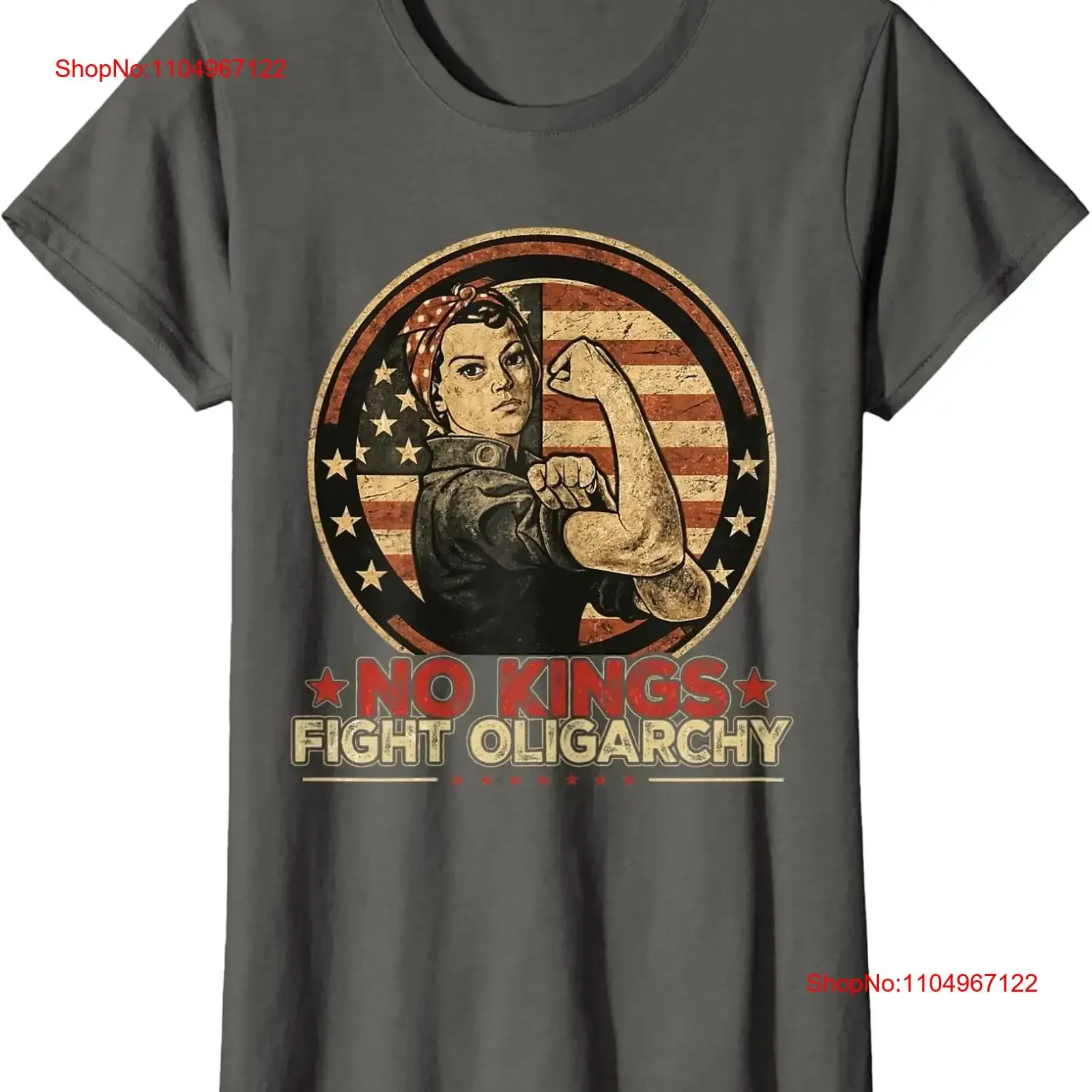 تي شيرت كلاسيكي برقبة دائرية بتصميم علم أمريكا من No Kings Fight Oligarchy للسيدات تي شيرت عتيق مغسول قليلاً ملابس الشارع قابلة للتنفس #1