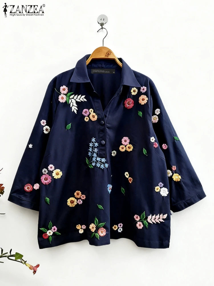 

Vintage Shirts ZANZEA Summer Floral Blouse Women Lapel Neck 3/4 Sleeve Buttons Tops Retro Work Blusas Female Loose Chemise 2025