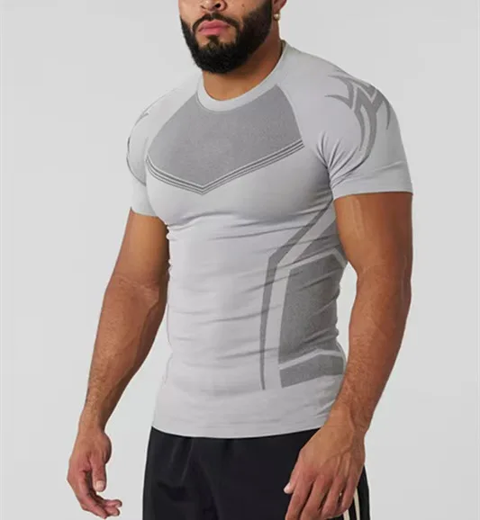 Compressie-T-shirt voor heren met korte mouwen, tribal print, workout tops, ademend, sneldrogend, atletische basislaag voor gymtraining, bodyb