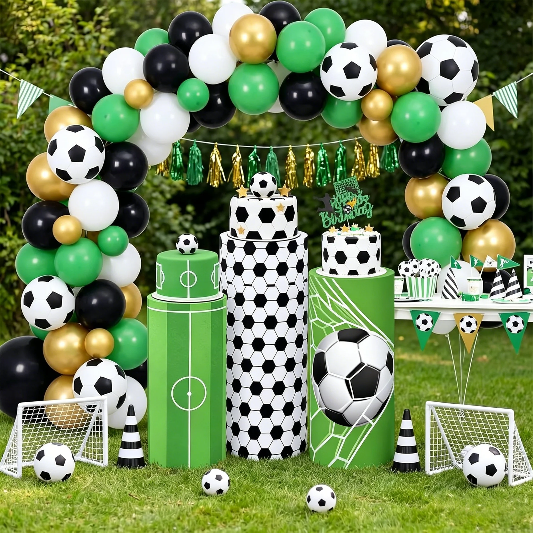 Customized Cylindrical Green Football Field Black White Football Theme For Kids Boy Birthday Party Decoration Base Cover Elastic