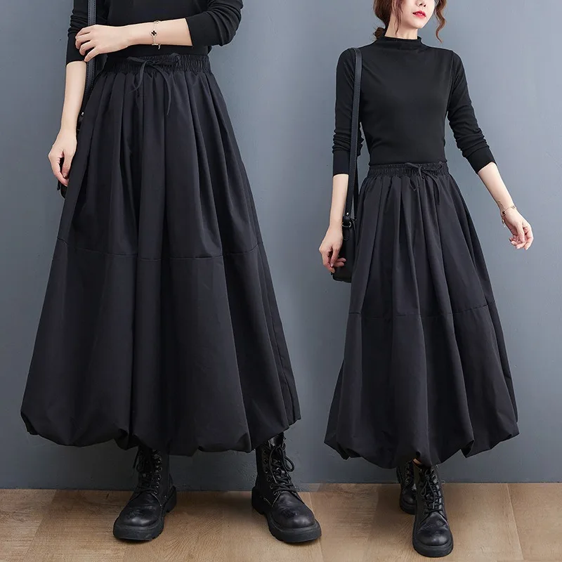 WAKUTA Fashion Versatile Skinny Elastic Waist Half-body Skirt Simple High-waisted Tie Lantern Fluffy Skirt Set Váy Hàn Quốc