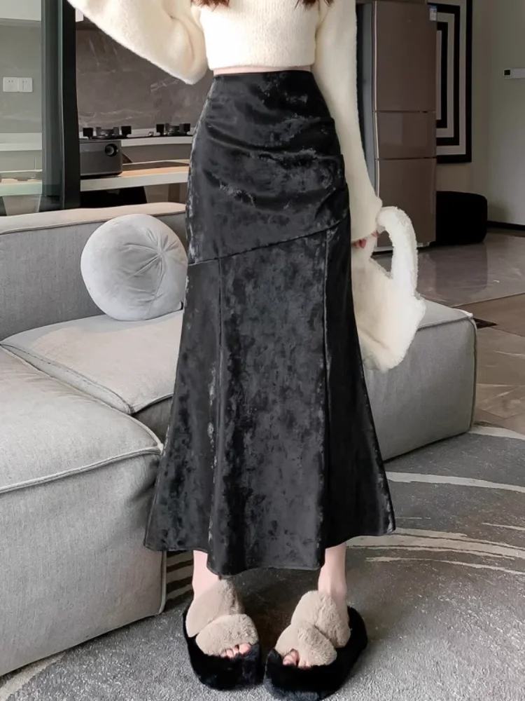 

Новая китайская плиссированная бархатная юбка с высокой талией и эффектом «рыбий хвост» из шелковой ткани для осени и зимы, под свитер
