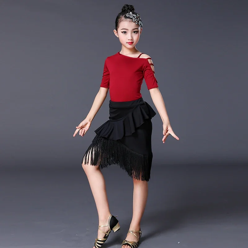 New Children's Latin Dance Skirt Performance Clothing Competition Dance Tassel Performance Clothing Two piece Set  fringe skirt