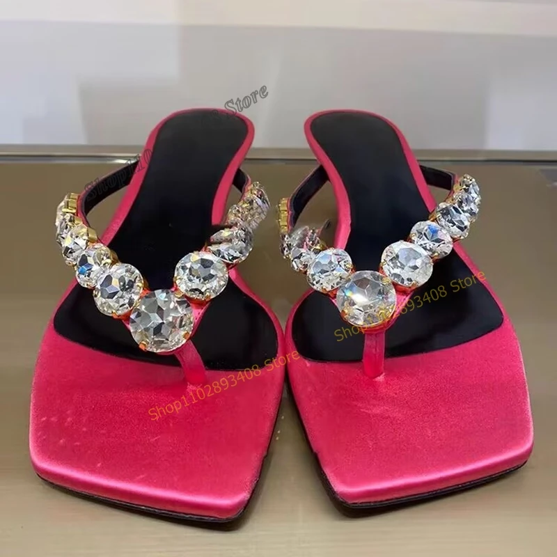 Deep Pink Crystal Flip Flops Slippers Square Toe Stilettos High Heel Slip on Women Shoes 2023 Fashion Sexy Zapatos Para Mujere