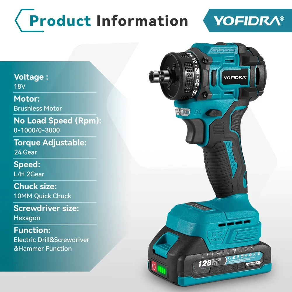 YOFIDRA 10mm Brushless Electric Drill Screwdriver 21+2 Torque Cordless Efficient Impact Drill Power Tool For Makita 18V Battery