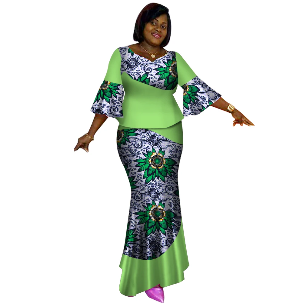 

African Women 2pcs Suits Set Dashiki Women Skirt Set Wax Print Patchwork Ankara Top Skirt Set Party Clothing WY2627