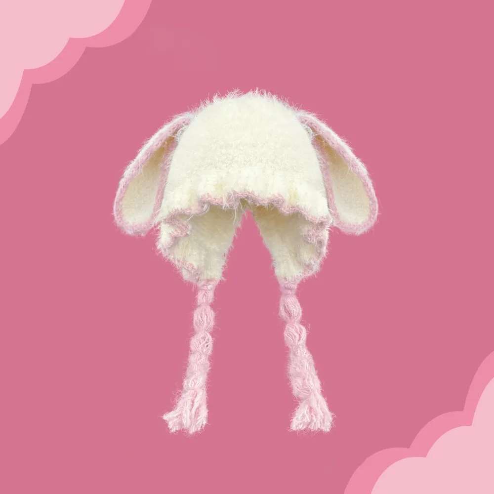 Durable Soft Bunny Ear Hat Braided Tassels Long Earflaps Earflap Beanie Hat Colorful Style Ruffled Brim Winter Hat Women