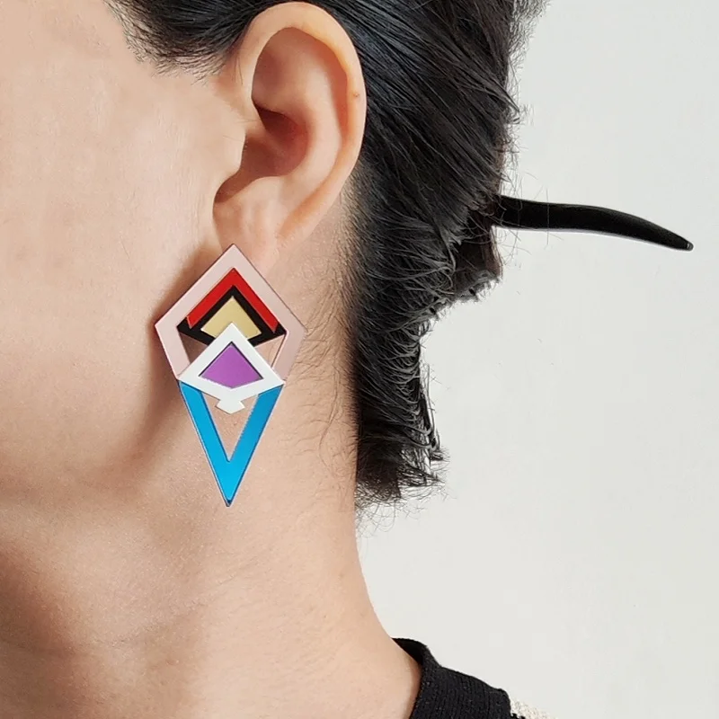 KUGUYS-pendientes de tuerca geométricos Vintage para mujer, joyería acrílica de espejo, accesorios de moda Retro Multicolor