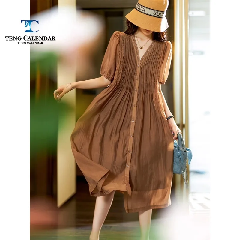 

Women's V-Neck Tencel Chiffon Dress, A Line Skirt, Chubby mm Skirt, European Temperament, New Model, Summer, 2024