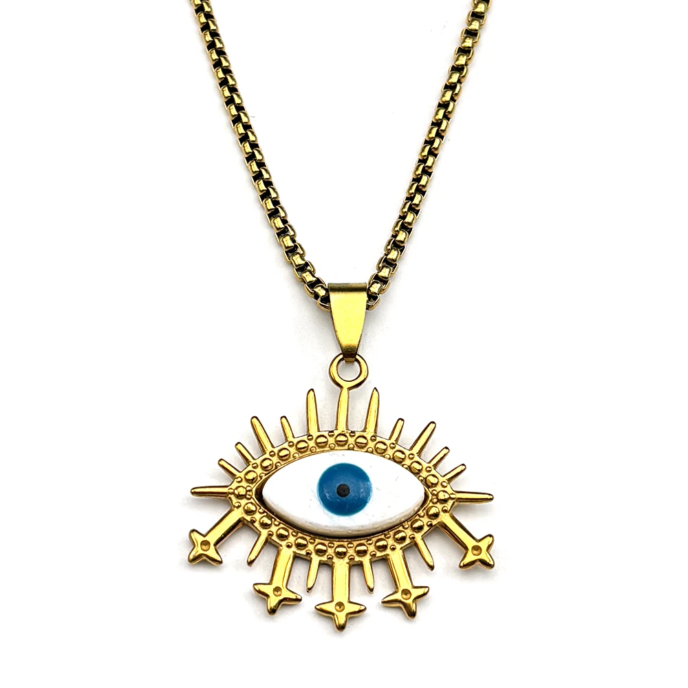 Vintage-Halskette mit bösem Blick-Anhänger für Damen und Herren, Edelstahl, goldfarben, Glücksamulett, Teufelsblau-Augen-Kette, Schmuckgeschenk – Detail 8