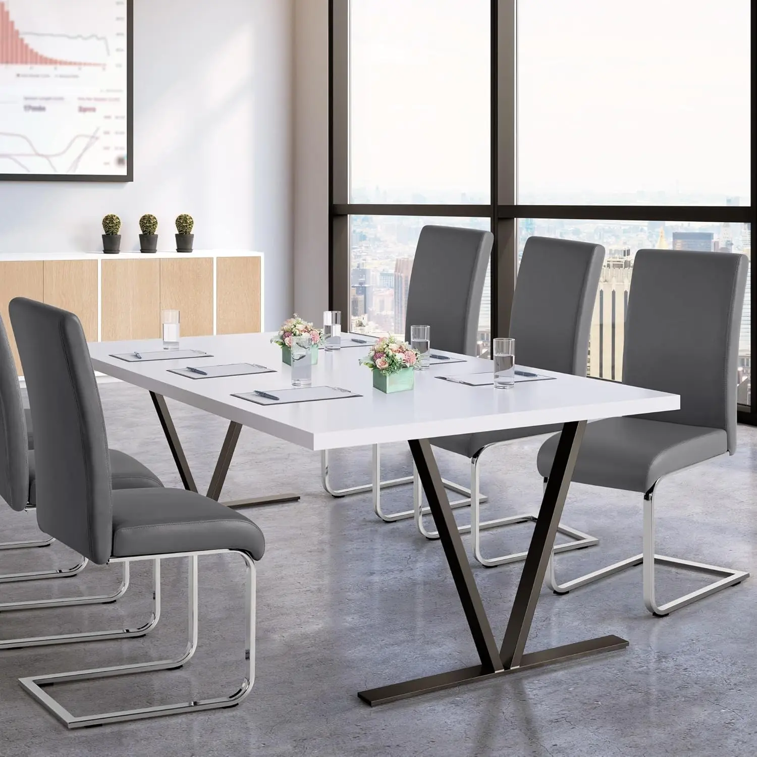 Chairs High Back Faux Leather Seat Metal Legs Modern Chair for Dining Room Home Kitchen Restaurant, Set of 6, Dark Gray