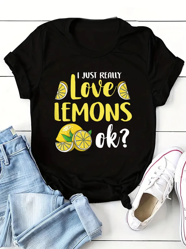 Love Lemon Letter Lemon Pattern Print T-shirt Fun Cute Cartoon Street Retro Women's T-shirt Fashion Casual Summer Top 2024 New