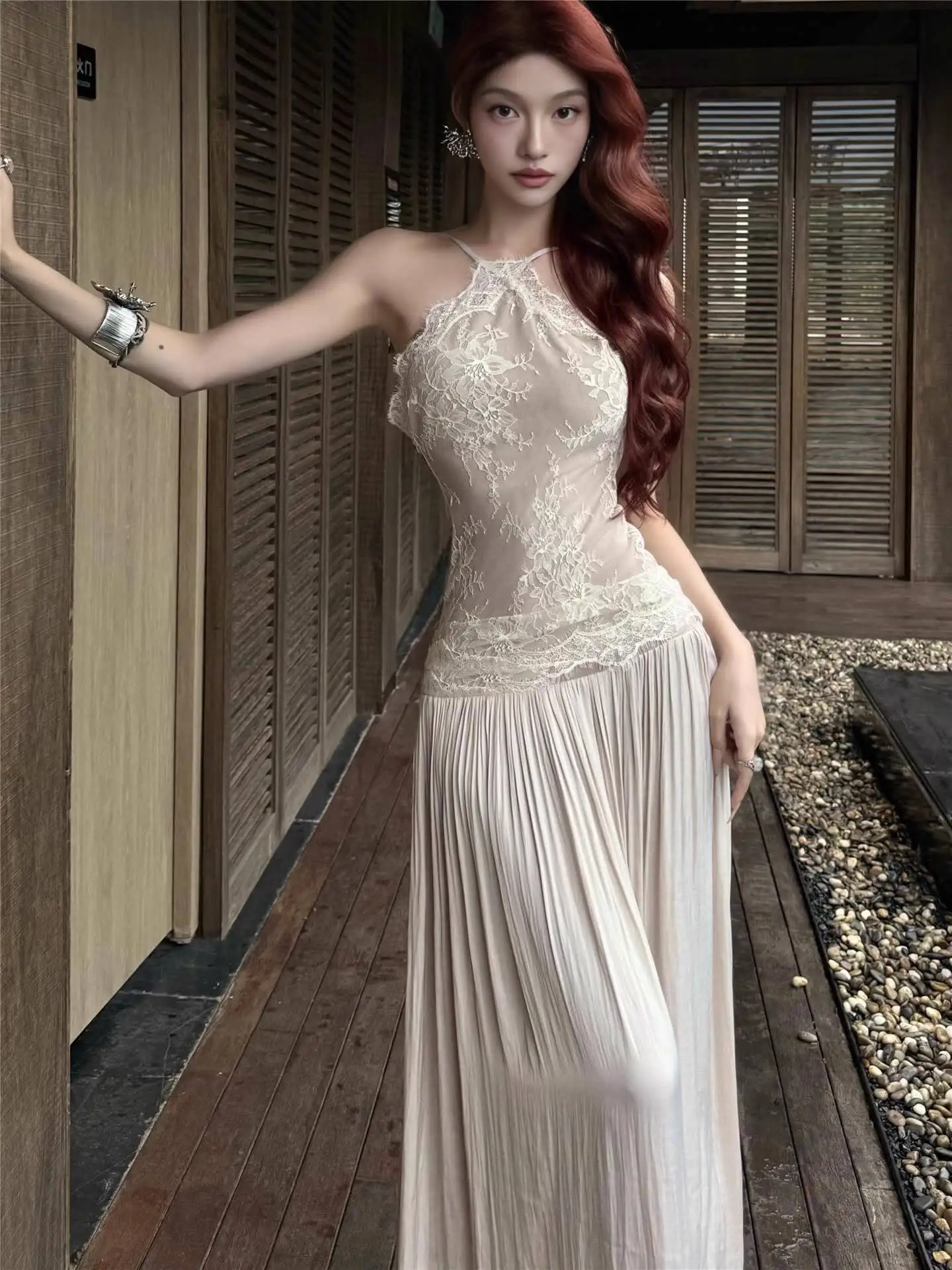 

Women Strap Dress 2026 Spring Backless Waist Tied Maxi Dress Women's Lace Paneled Summer Elegant Slim Fit Slip Dress