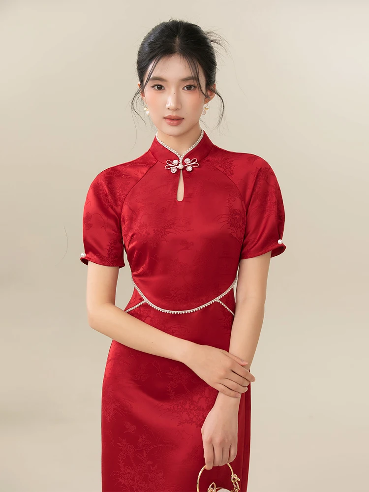 

Красное вечернее платье-ципао с эффектом похудения на талии, длинное, в китайском стиле, с низким разрезом, винтажное, для женщин