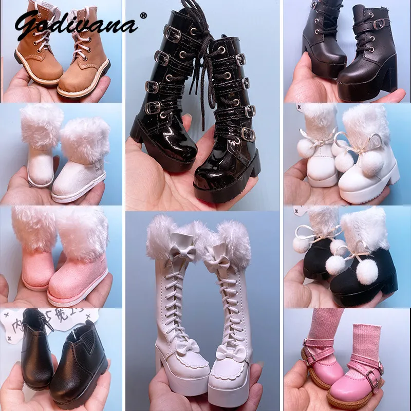 1/4 Bjd Doll Shoes Thickened Plush Boots Sweet Lolita Mid‑Calf Doll Boots Furry Cuff Bow Block Heel Shoes Versatile Fit 1/4 BJD