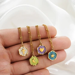 Fashion Enamel Color Moon Star Cross Necklace for Women Statement Gold Plated Round Coin Pendant Clavicle Chain Necklaces
