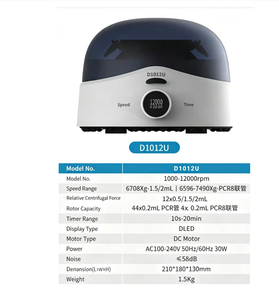 Mini High‑Speed Micro Centrifuge D1012U, 12000RPM Lab PCR Centrifuge for 0.2‑2ml Micro Tubes, Low Noise Desktop Centrifuge