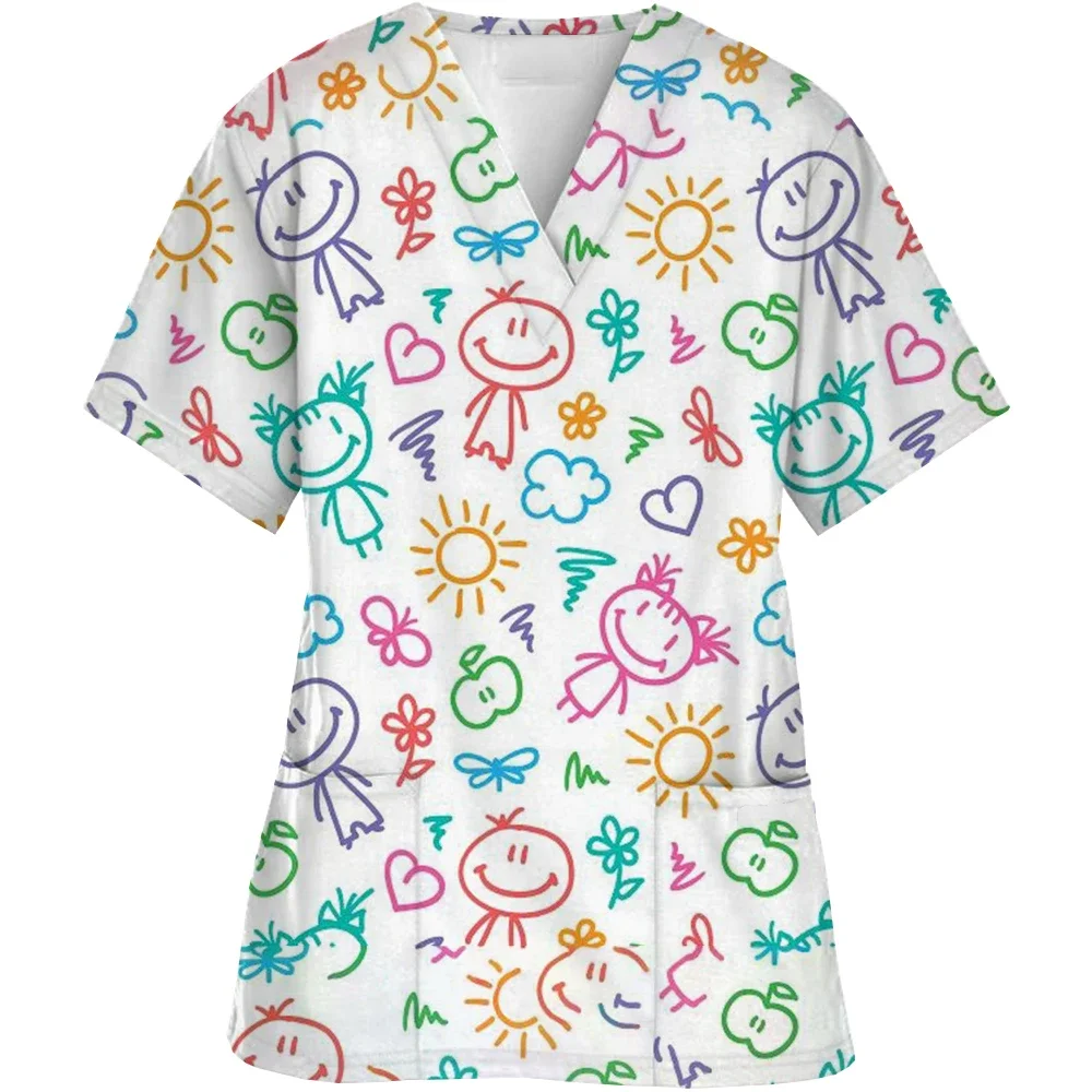 Obstetric nurses, pediatric nurses, uniform, short sleeved V-neck top, healthy waist pocket shirt for women