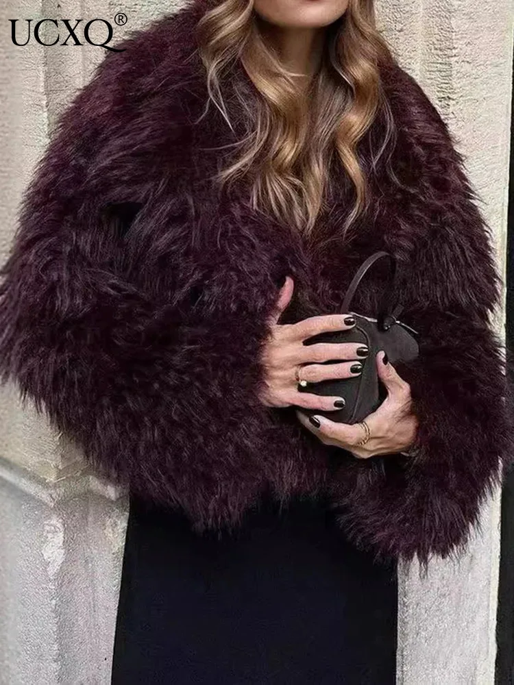 UCXQ Elegant Faux Fur Coat European Style Lapel Cardigan All Match Solid Color Temperament Jacket Women 2024 Autumn Winter C1821