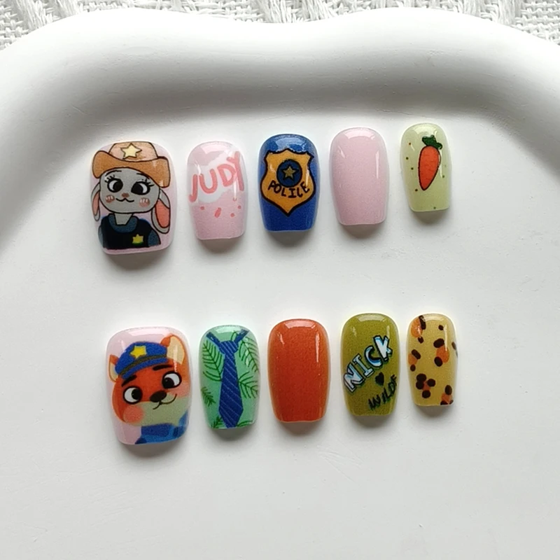 

10 шт. накладных ногтей для женщин и девочек с милыми мультяшными персонажами Джуди и Ник, высококачественные накладные ногти с кроликами-полицейскими, аниме-дизайн, накладные ногти для маникюра