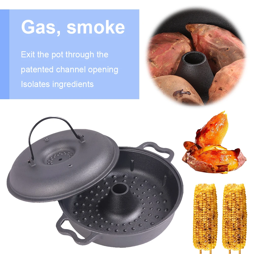 

Roasted Sweet Potato Pot Cast Iron Sukiyaki Pot Round Barbecue Grill Pan w/ Lid Garlic Corn Potato Roasting Pan for Home Camping