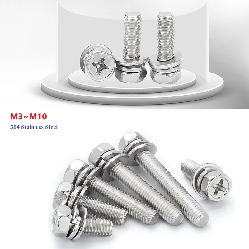 

304 Stainless Steel Cross Cavity Hexagon Head Screw+Spring Washer+Plain Gasket Three Combination Screws M3 M4 M5 M6 M8 M10