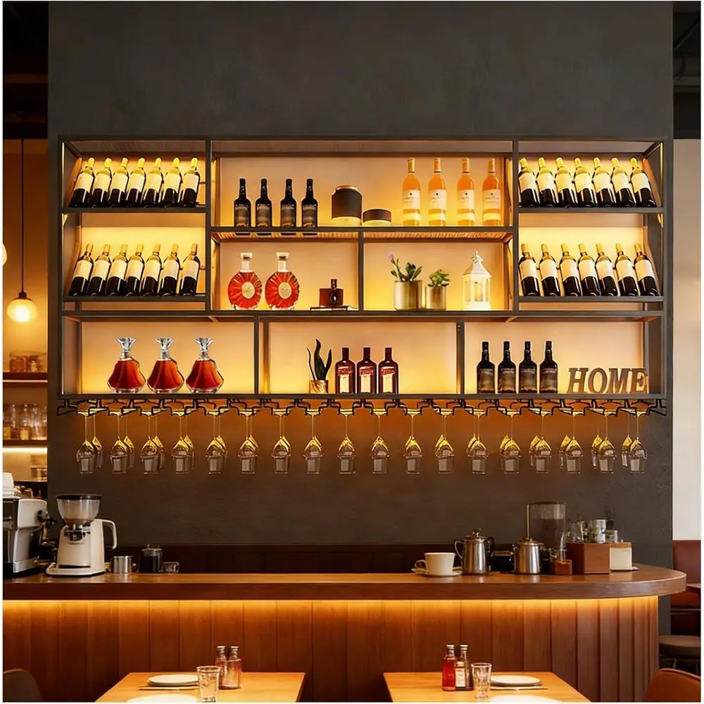 

Настенная винная полка с держателем для бокалов, 51,1 дюйма, большие металлические полки или подставка для алкоголя, двойной угол наклона 45 градусов ° /90 ° Хранение бутылок или