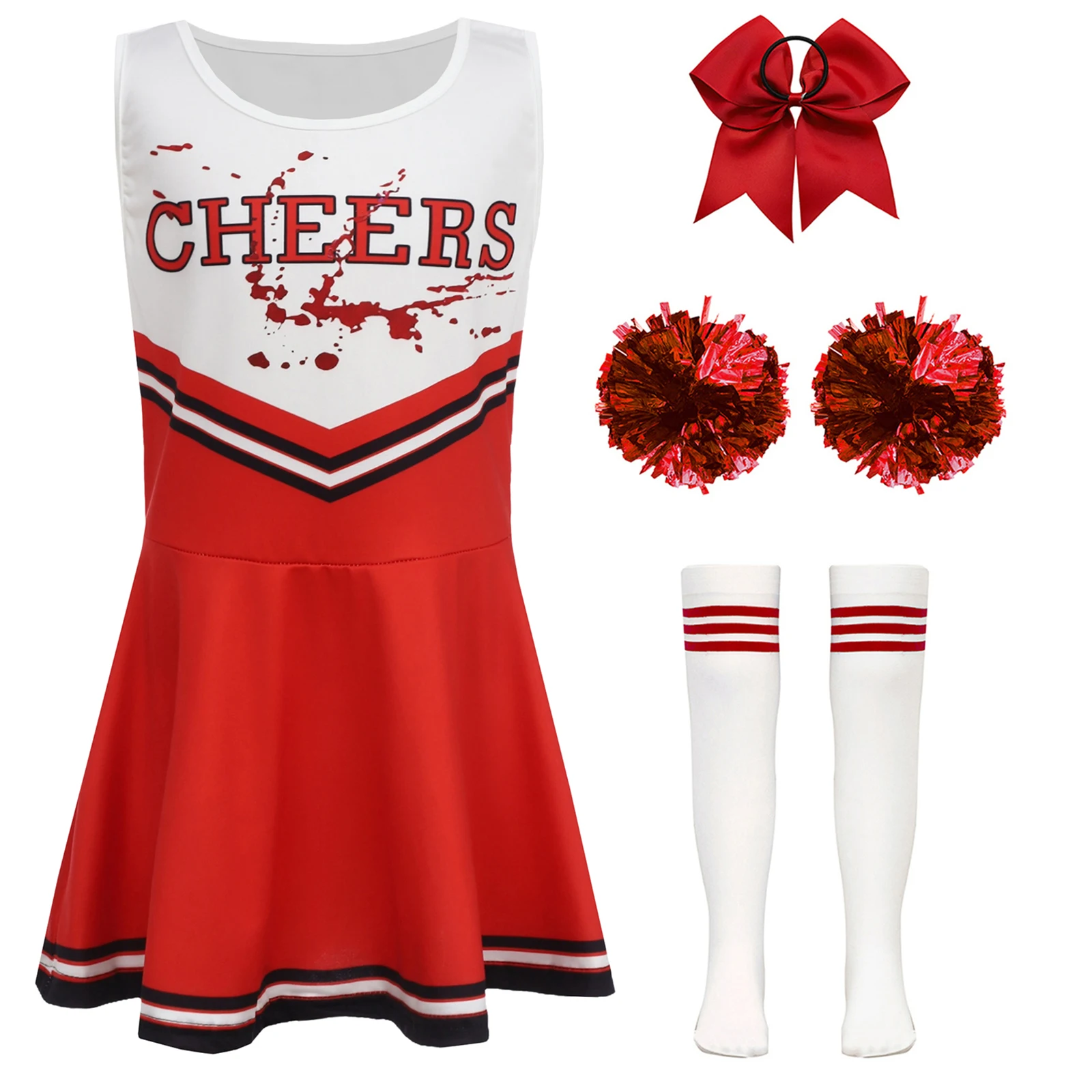 الفتيات المشجع تأثيري أزياء الهالوين البدلة إلكتروني طباعة المشجع الرقص وتتسابق مع الزهور الجوارب مجموعة الدعاوى التشجيع #5
