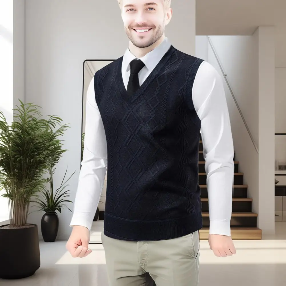 Men Knit Vest Men's Knitting Vest V-neck Sleeveless Sweater Vest Rhombus Texture Knitwear Autumn Winter Casual Solid Color