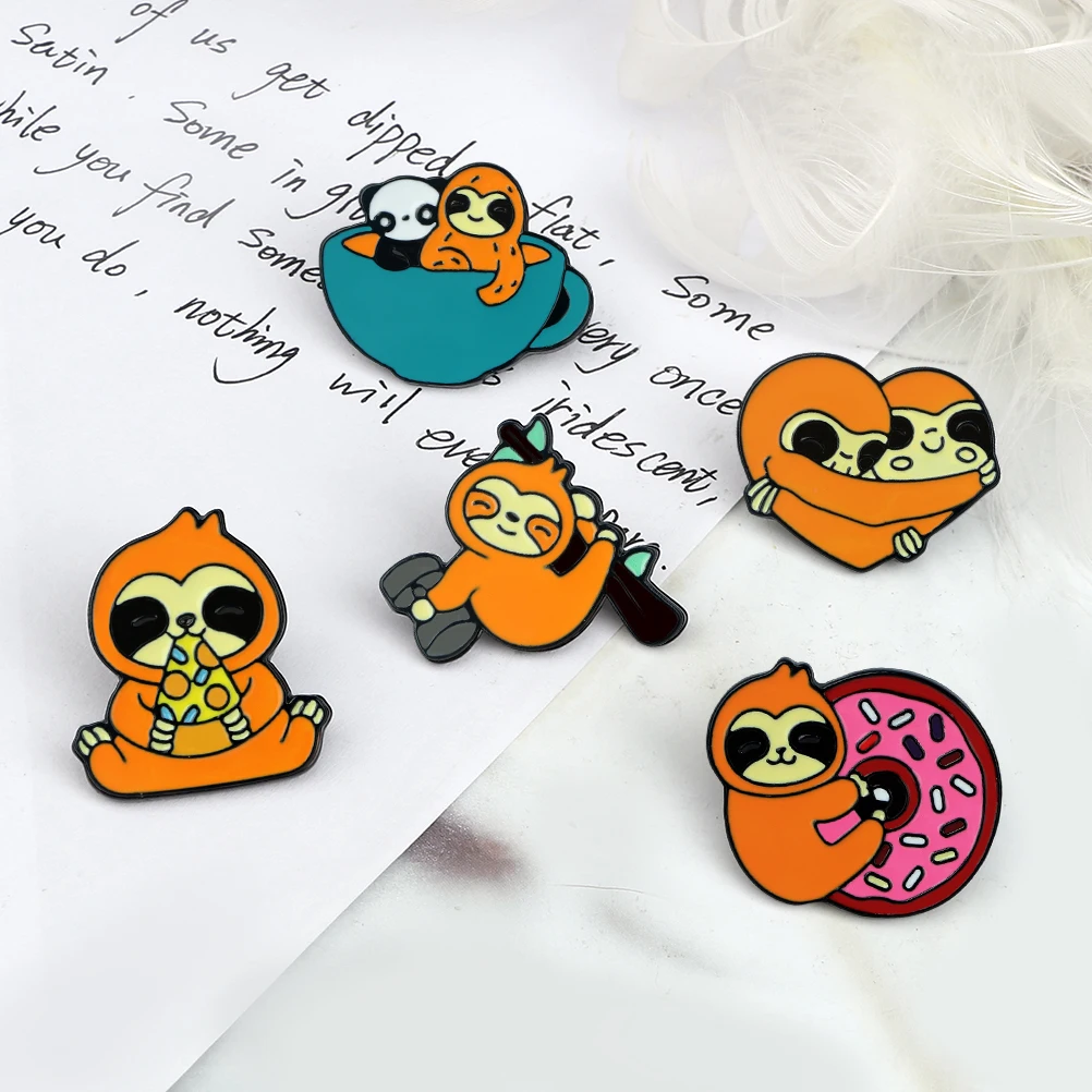 Cartoon Sloth Holding Dumbbell Enamel Pin Cute Panda Sloths Coffee Pizza Donut Denim Lapel Badge Funny Animal Brooch Bag Jewelry