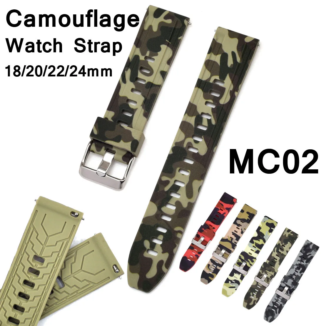 Quick Release Replacement Camouflage Silicone Watch Strap 18mm 20mm 22mm 24mm Wrist Watch Band Universal CAMO Rubber Bracelet