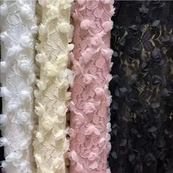 3D Flower Mesh Rose Embroidery Stretch Lace Fabric for Wedding Dress Clothing Skirt Accessories Designer Fabric