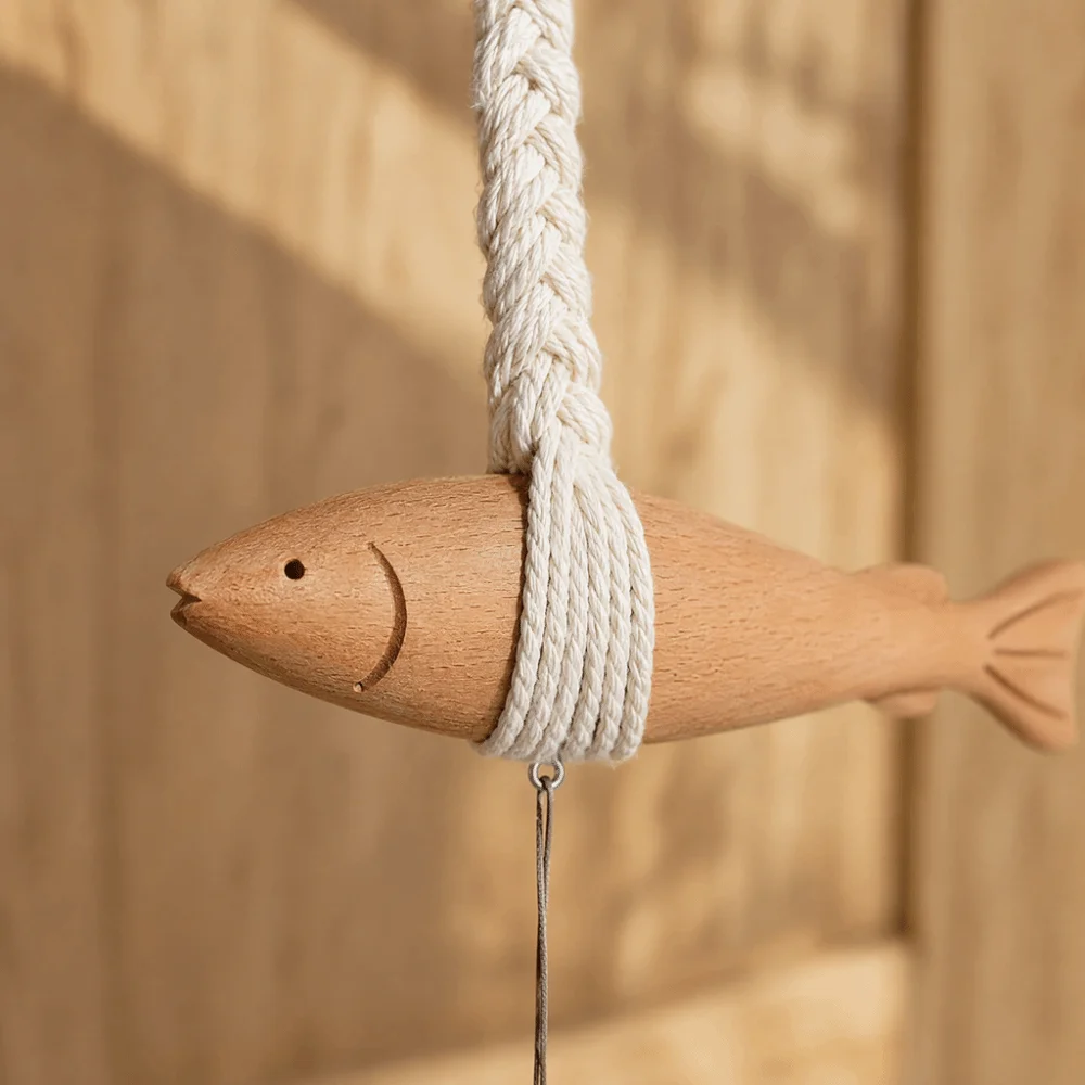16.54in Wooden Fish Pendant Hangable Design with Bell Wood Fish Decors Coastal Style Hanging Chimes with Bells Home Decor