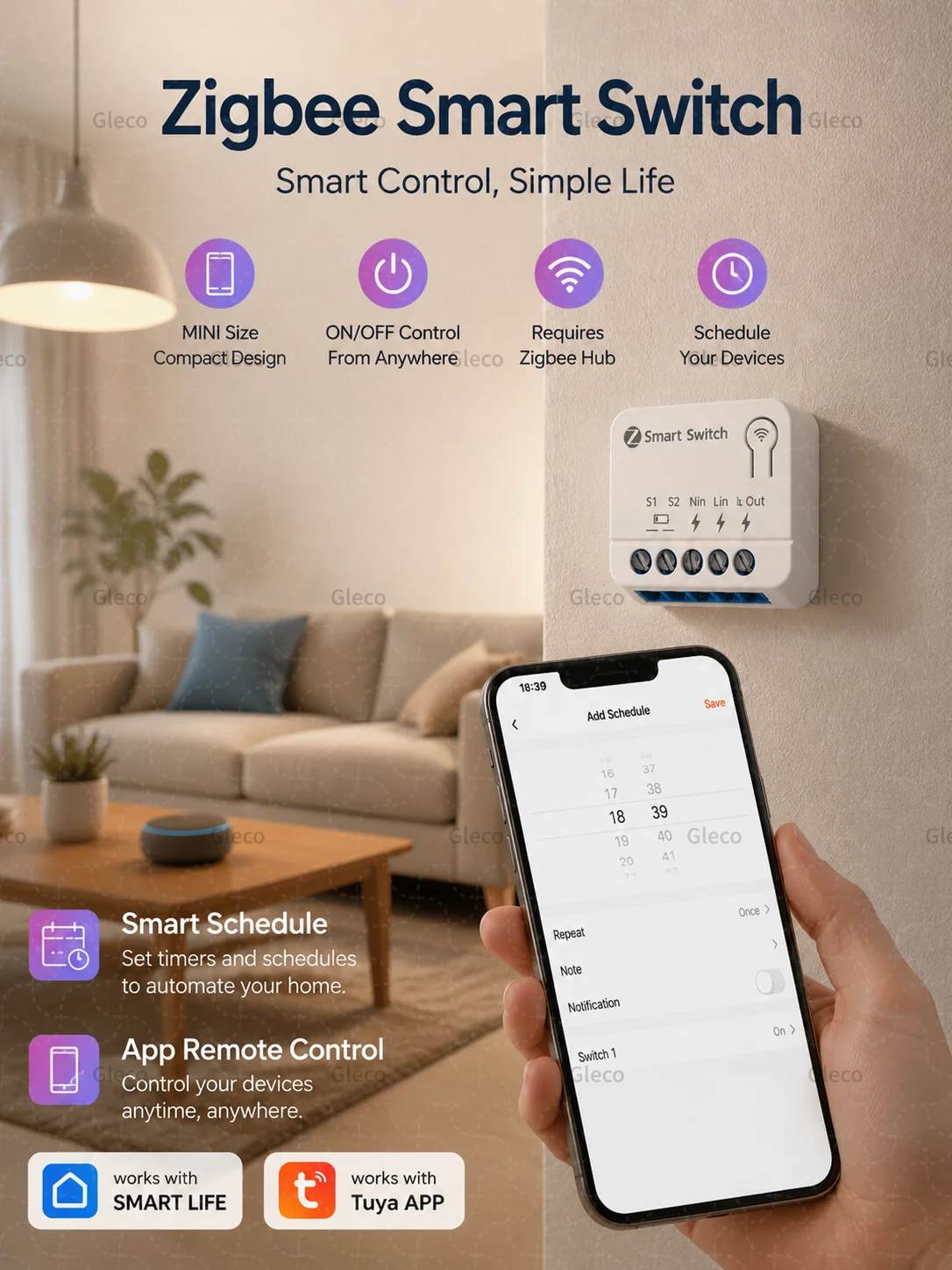 Zigbee TUYA Mini-Schaltmodul 10A/16A 1/2/3-Kanal DIY Relais-Schalter Kompatibel mit Alexa Google Home Assistant 2MQTT Smart Life