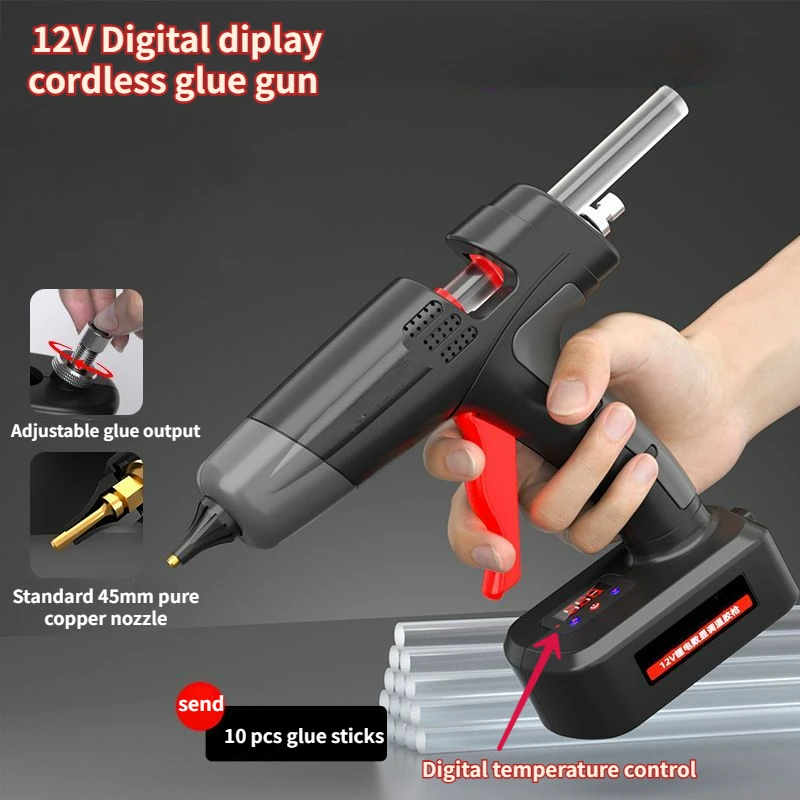 12V Wireless Hot Melt Glue Gun with Battery Digital Display Household DIY Tools Send 10pcs Hot Glue Sticks 11mm EU Plug(220V V)