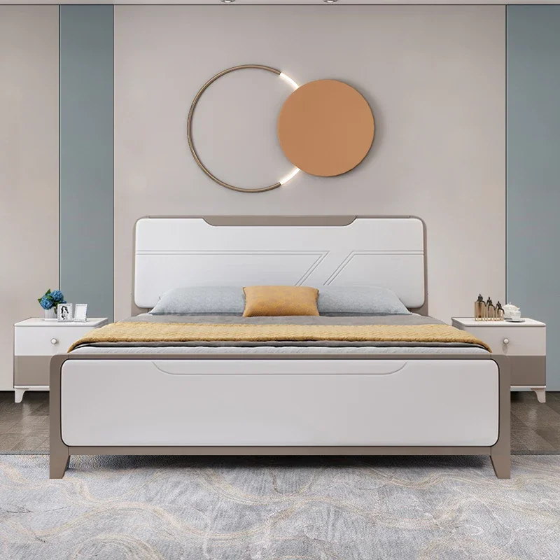 

Modern minimalist all-solid wood bed, white lacquered double bed