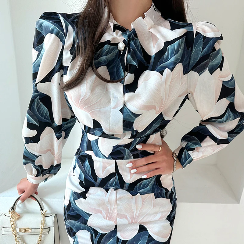 2024 primavera nova chegada feminina faion impressão irt topo e saia de cintura alta conjunto de duas peças longo sve gola na moda