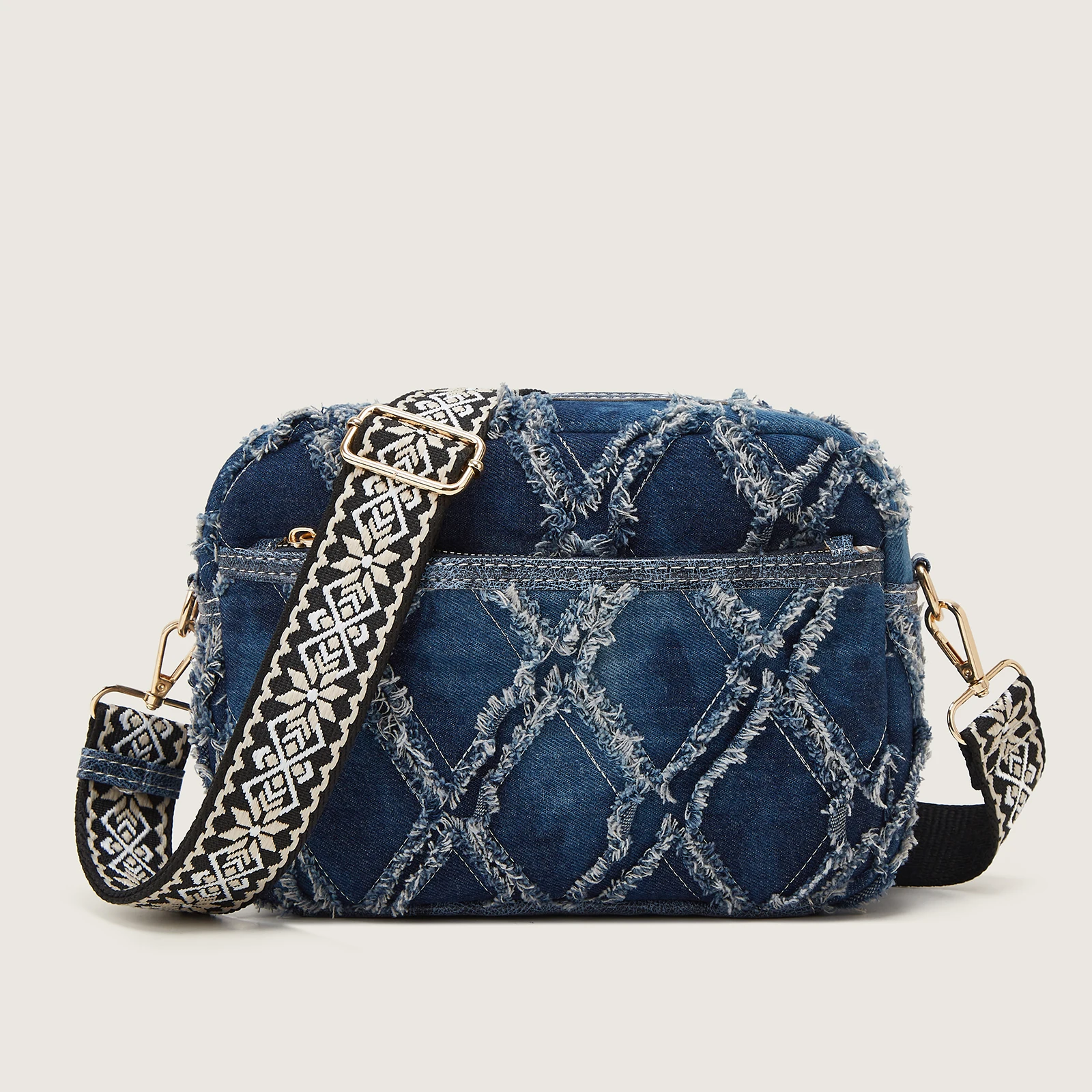 Korean version of Lingge fur edge design denim fabric, fashionable and versatile denim style crossbody bag, cross-border foreign