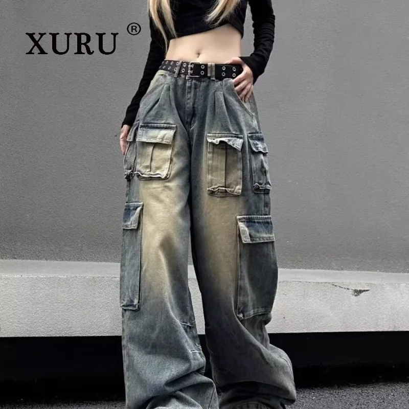 

XURU-American High Street Retro Work Pants for Women, Wide Leg Jeans, Loose Tide, Spring and Fall, K27-01